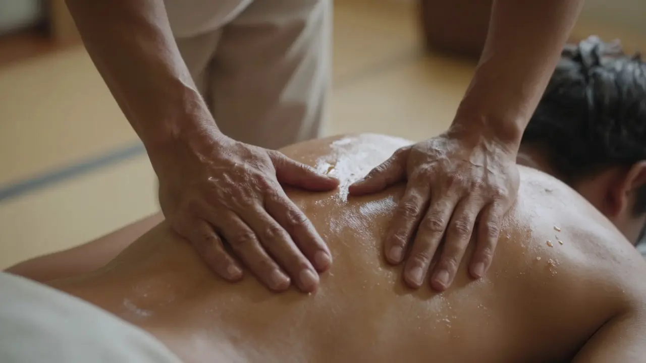Close-up of forearms performing rhythmic Lomi Lomi strokes on a back
