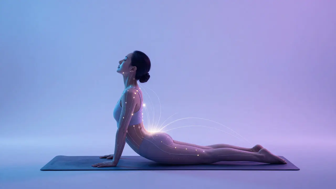 Conceptual art showing energy flow through a yoga pose without needles