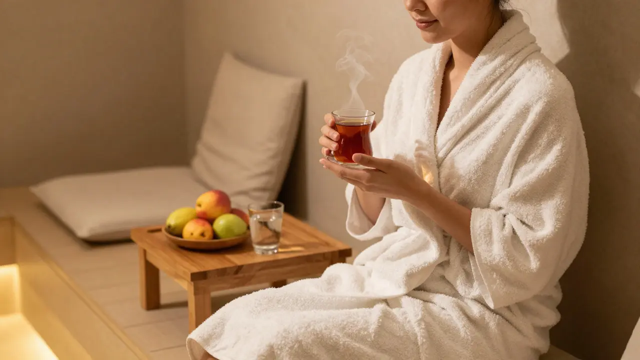 Entspannte Person mit Tee nach dem Hamam-Ritual in einer ruhigen Lounge