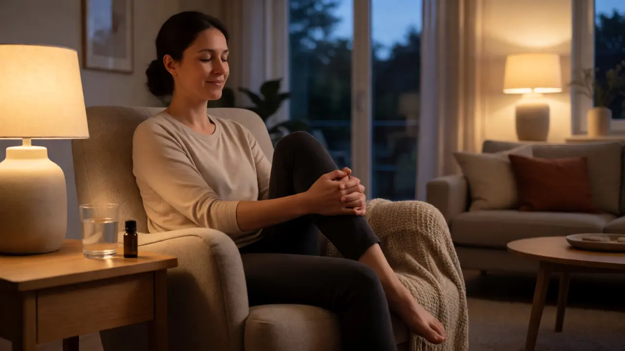 Frau bei der Reflexzonen-Selbstmassage im Wohnzimmer
