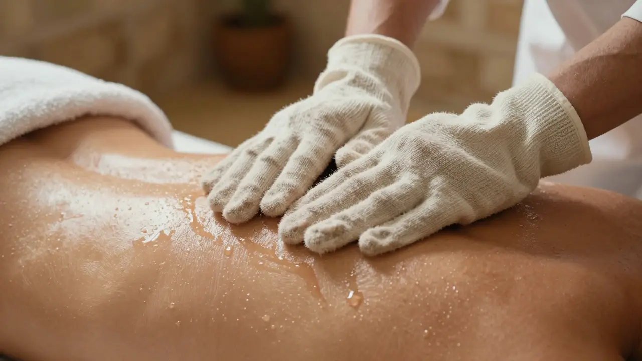Nahaufnahme der Exfoliation mit einem Kesek-Handschuh auf der Haut