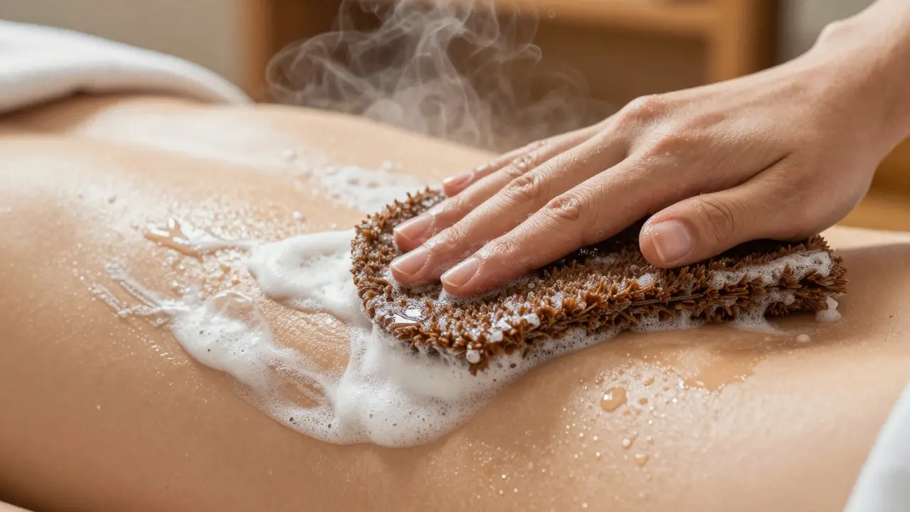 Nahaufnahme der Reinigung mit einem groben Exfoliationshandschuh