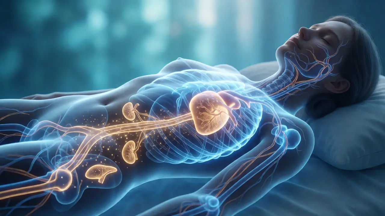 Konzeptuelle Darstellung des Lymphflusses und der Entgiftung im menschlichen Körper.
